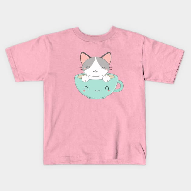 Kawaii Cute Coffee Cat T-Shirt Kids T-Shirt by happinessinatee